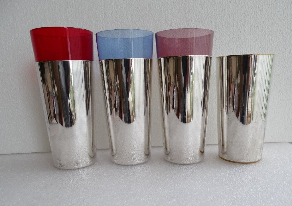 Verzilverde glashouder+gekleurd sorbetglas 3 stuks, vintage, Ophalen of Verzenden