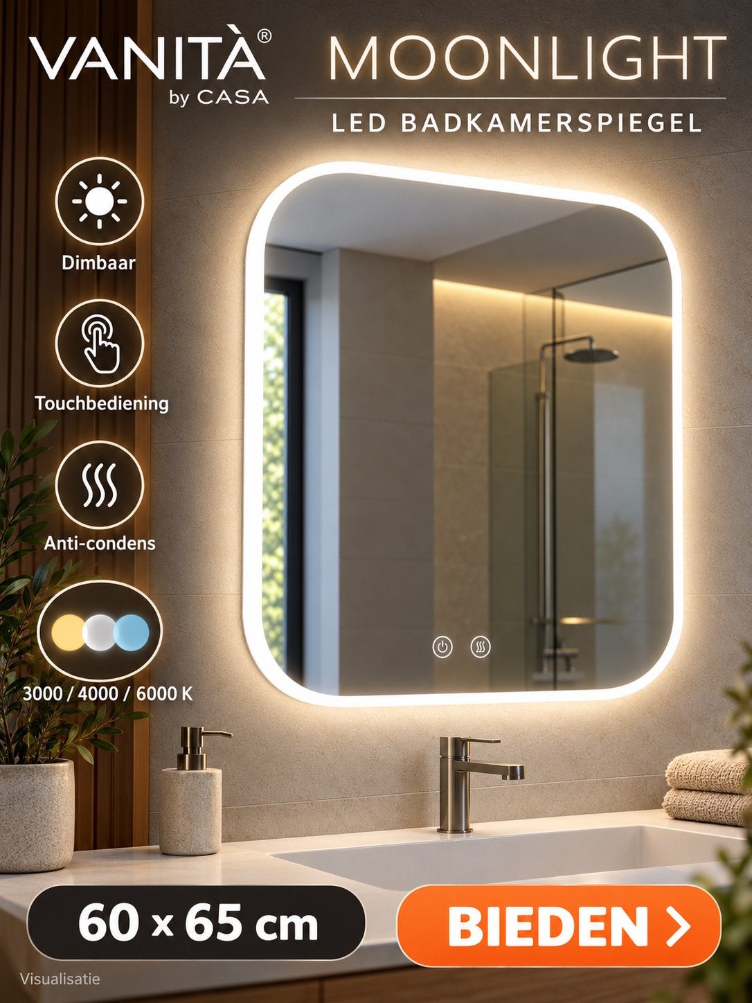 Vanità Moonlight LED spiegel 6065 cm dimbaar & anti-condens, Ophalen, Nieuw, Minder dan 100 cm, Rechthoekig