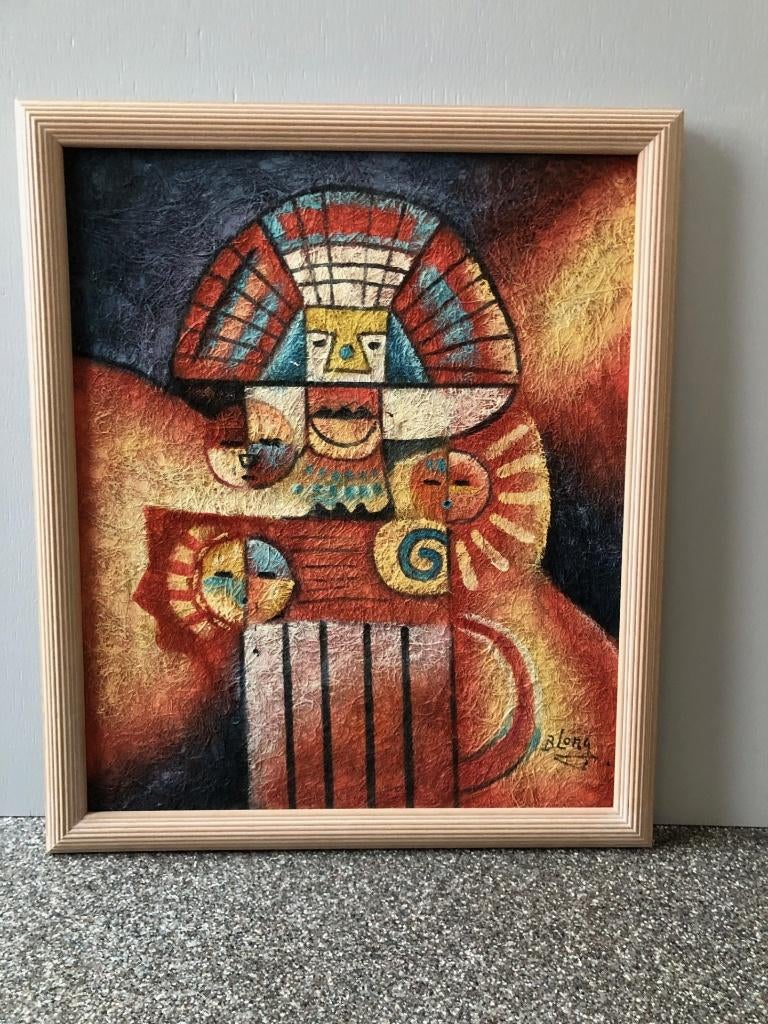 Kleurig schilderij B. Long op kokos Inca 56x66cm met lijst, Antiek en Kunst, Kunst | Schilderijen | Abstract, Ophalen
