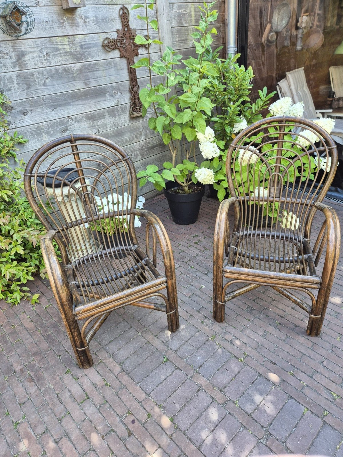 2 mooie bamboe stoelen, Huis en Inrichting, Stoelen, Ophalen, Gebruikt, Bruin, Twee