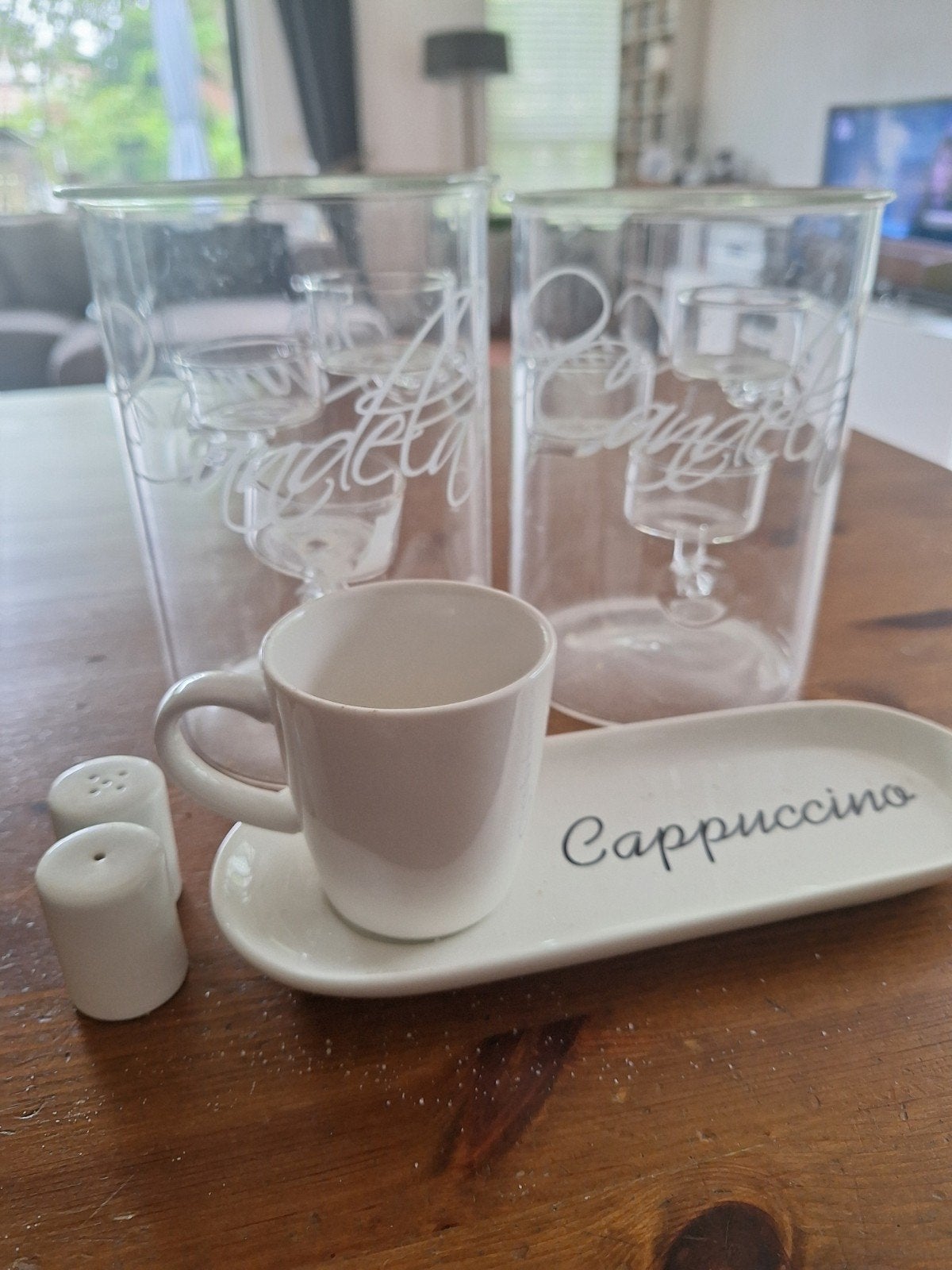 Riviera maison,  2 glazen windlichten met cappuccino set, Ophalen, Zo goed als nieuw, Overige materialen, Minder dan 25 cm