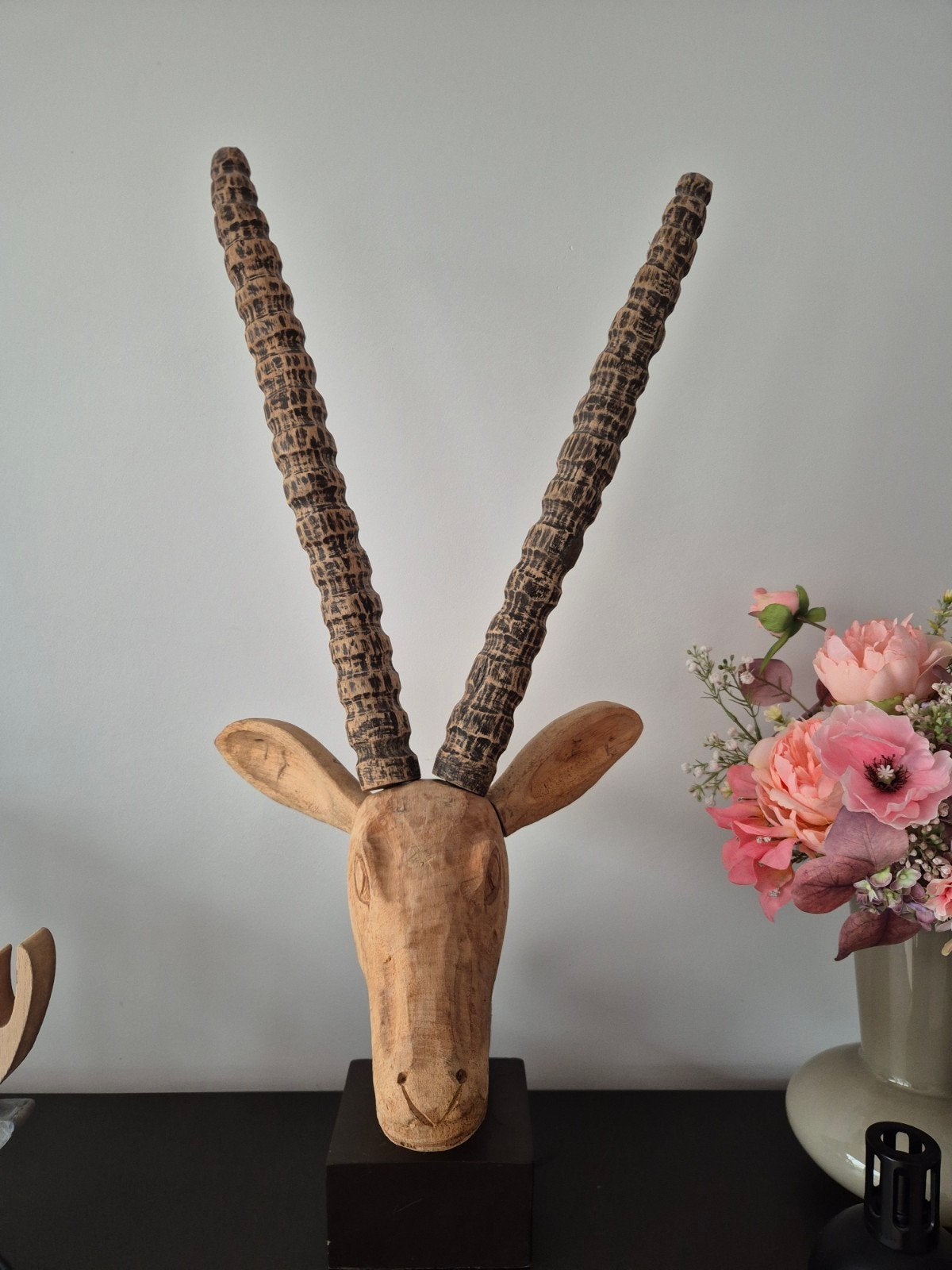 Houten Hertenkop Decoratie met Grote Hoorns - 80cm Hoog, Ophalen, Gebruikt, Bruin, Hout