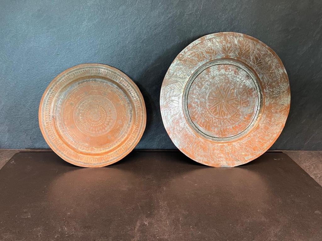 Set van 2 antieke koperen decoratieve platen, Ophalen of Verzenden