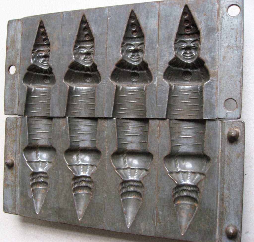 Aparte antieke chocoladevorm met vier enge clowns ca.1900, Ophalen of Verzenden