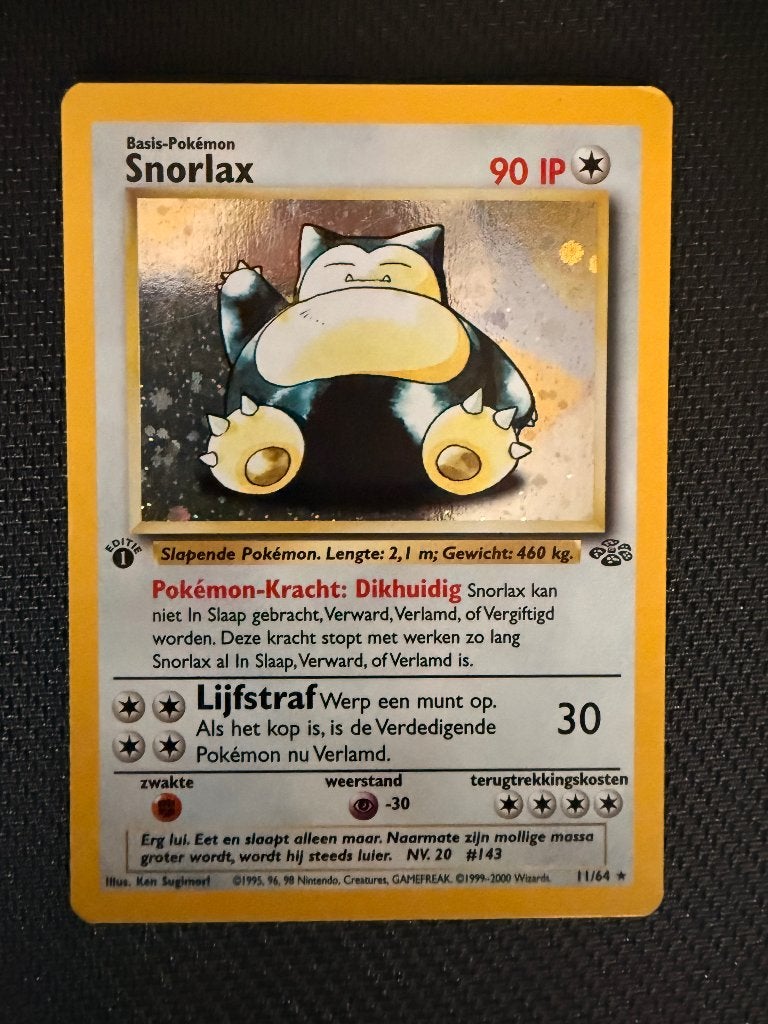 Snorlax Holo Jungle 1st Edition NL - Pokemon kaart - Exc., Ophalen of Verzenden, Zo goed als nieuw, Losse kaart