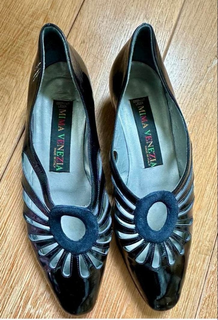 Vintage Italiaanse Lakleren Schoenen met Suède Details - Maa, Schoenen met lage hakken, Zwart, Ophalen of Verzenden, Gedragen