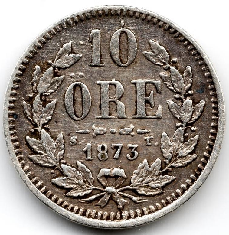 Zweden: 10 öre 1873, Zeldzame variant met "A" ipv V, Ophalen of Verzenden, Overige landen, Losse munt, Zilver