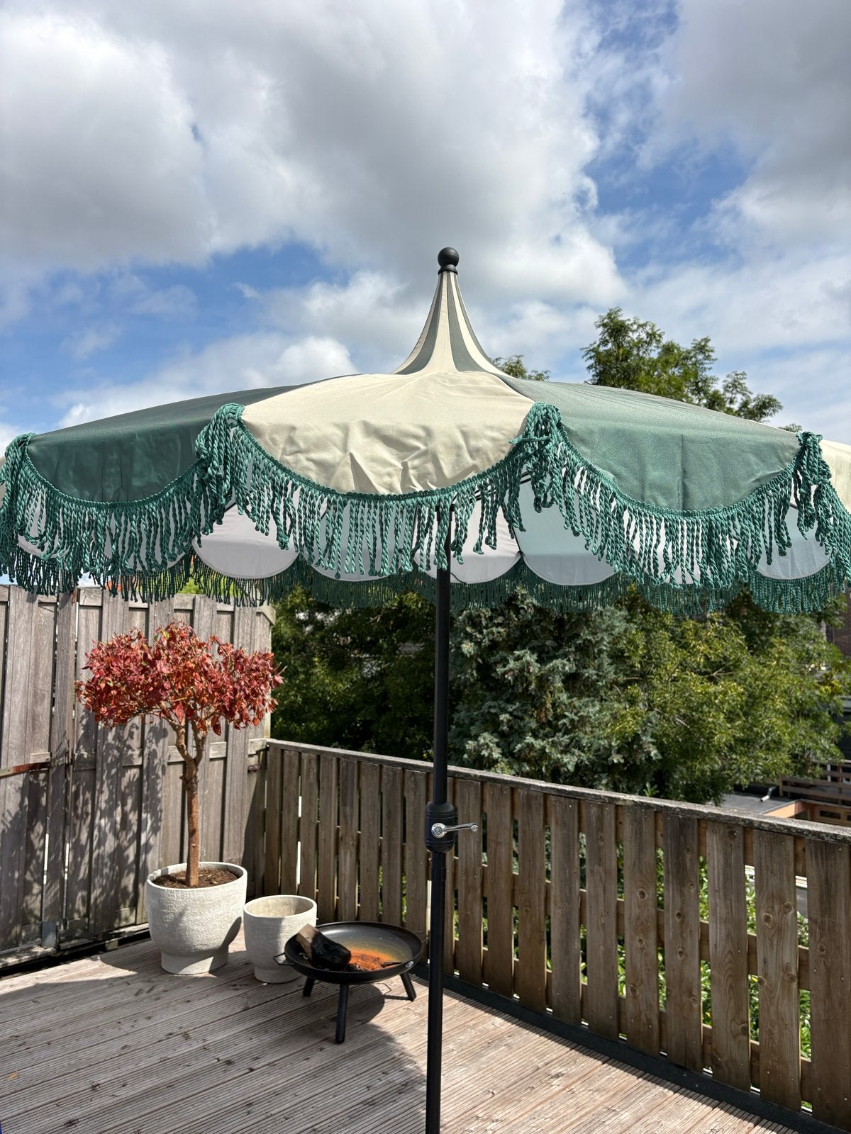Gestreepte parasol met franjes - Groen/Crème, Ophalen, Verstelbaar, Nieuw, 2 tot 3 meter