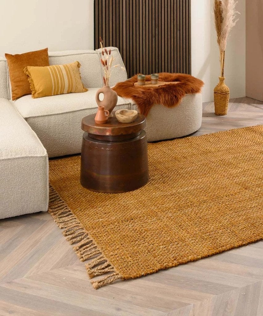 Jute vloerkleed – goud/naturel 300x300 nieuw, Rond, Ophalen of Verzenden, 200 cm of meer, Nieuw