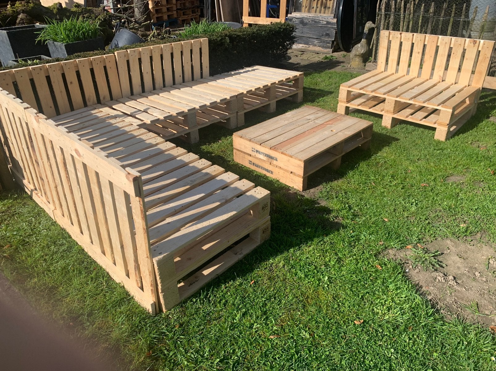 DIY houten palletbanken, loungeset,  banken, Tuin en Terras, Ophalen, 6 zitplaatsen, Zo goed als nieuw, Eettafel