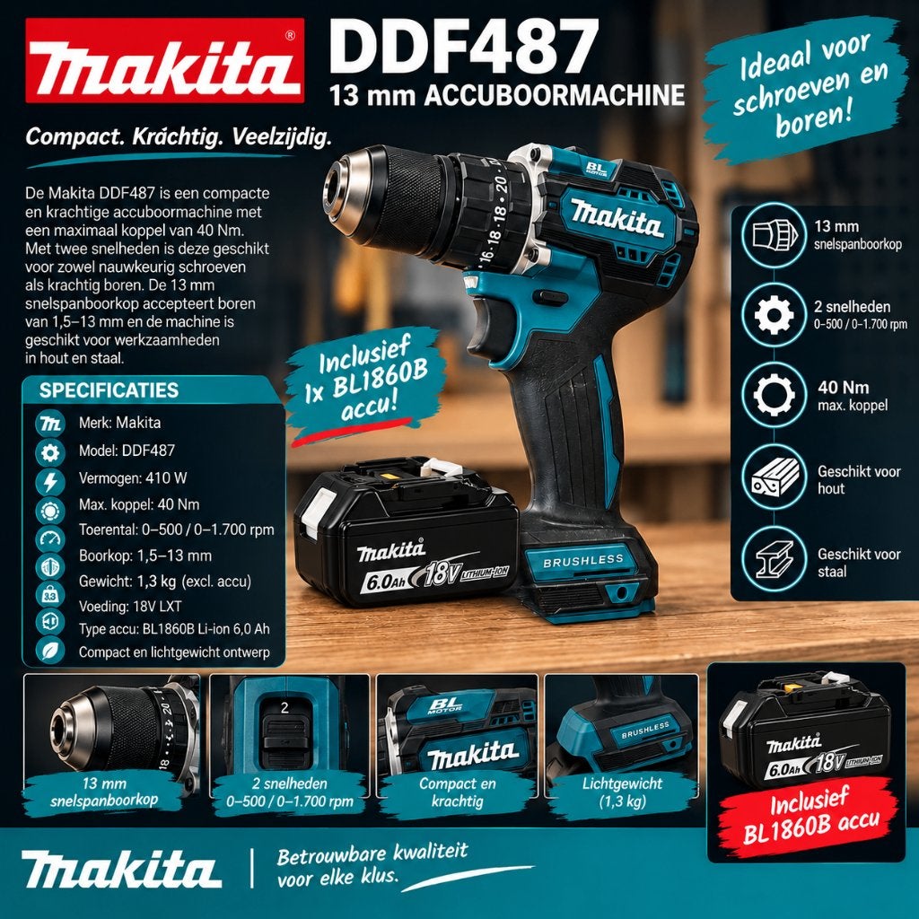 Makita DDF487 + BL1860B 6.0Ah 18V Compleet, Doe-het-zelf en Verbouw, Nieuw, Ophalen of Verzenden, 400 tot 600 watt, Klopboormechanisme