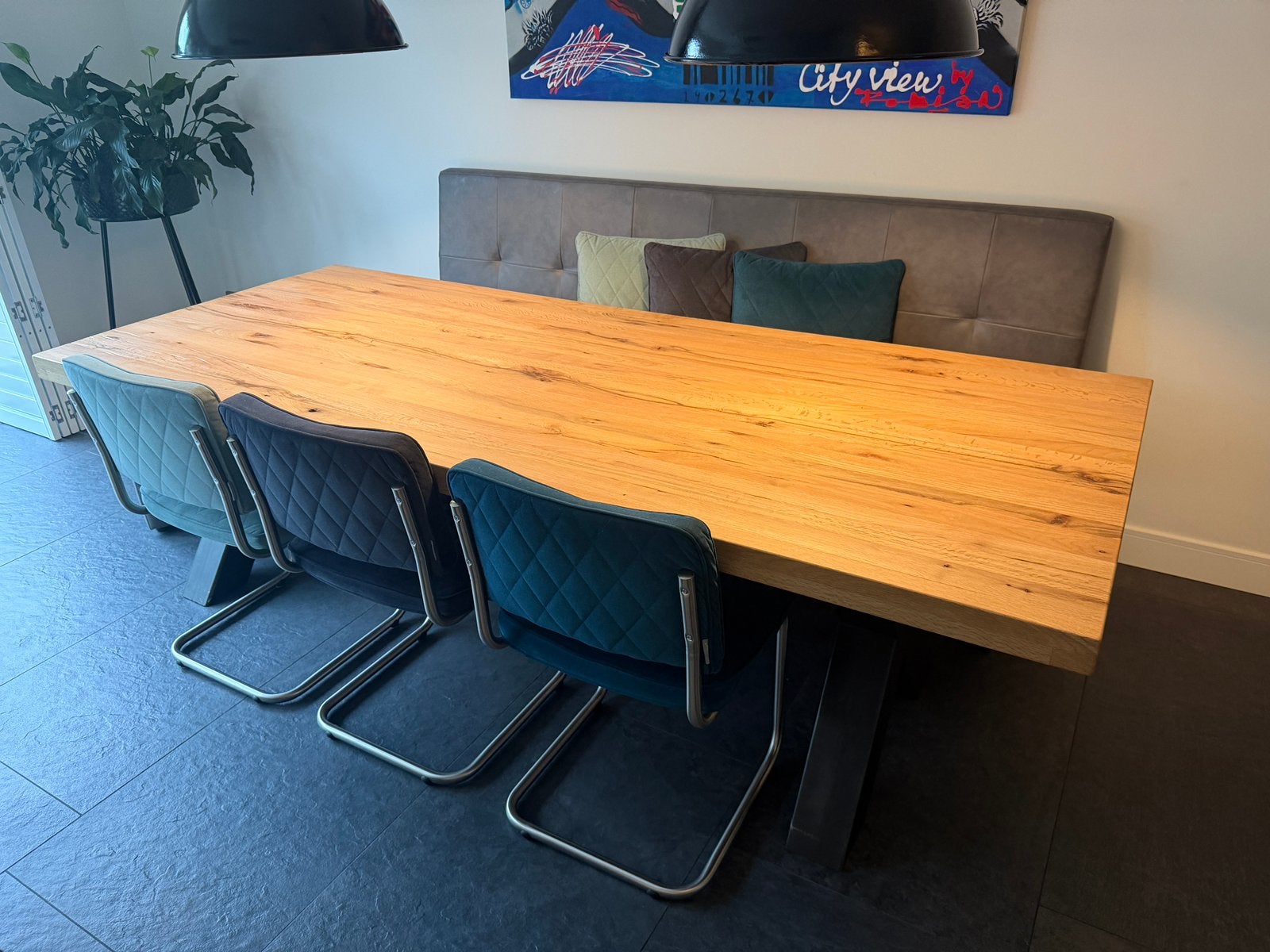 Complete industriële eethoek: eiken tafel, bank, stoelen, Ophalen, 100 tot 150 cm, Eikenhout, 200 cm of meer
