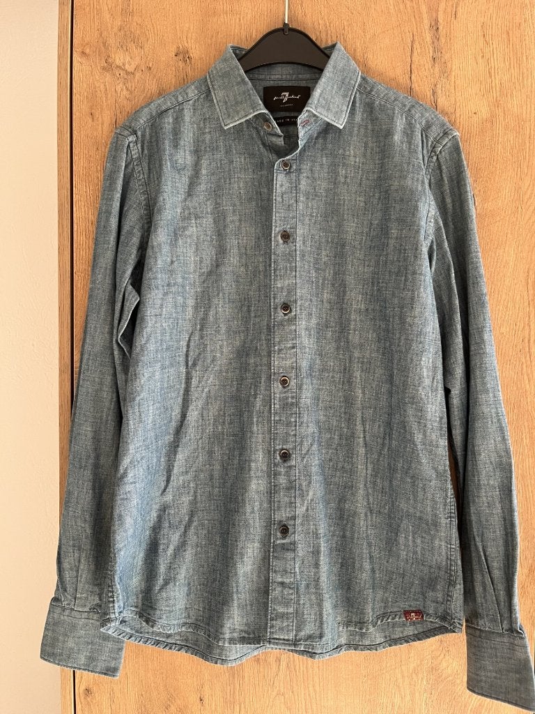 7 For All Mankind overhemd maat M heren chambray lichtblauw, 7 For All Mankind, Halswijdte 39/40 (M), Zo goed als nieuw, Verzenden