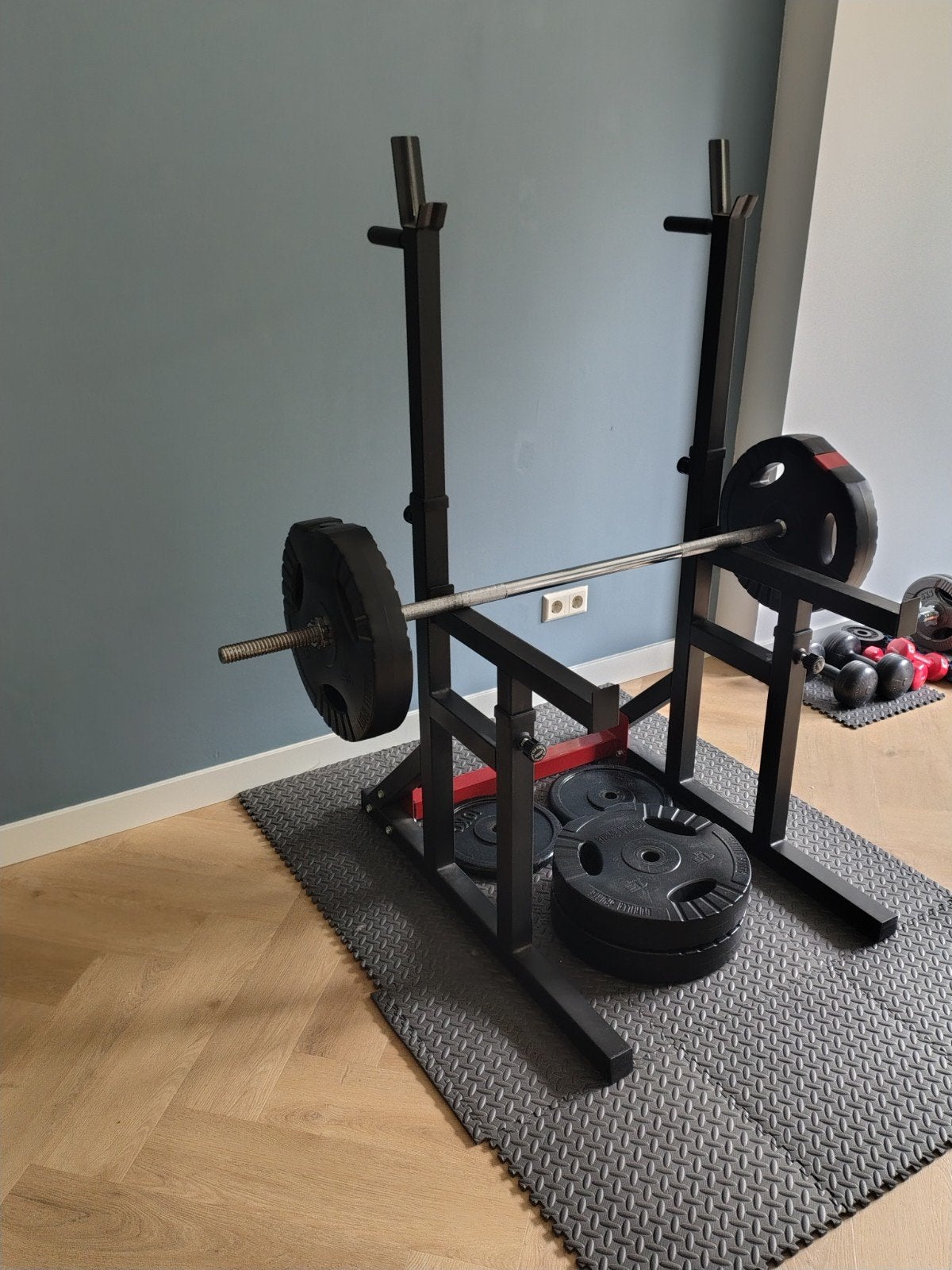 Squat/bench/dip rack, barbell, 80 kg 30 mm schijven, Ophalen, Zo goed als nieuw, Overige typen