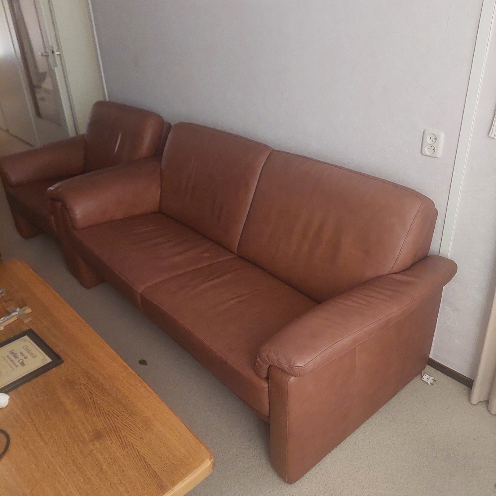 Bankstel en fauteuil Leer, cognac kleur, Ophalen, Gebruikt, Leer