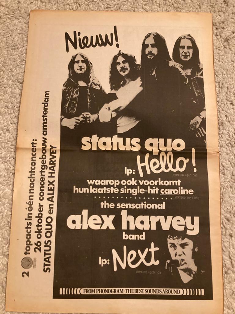 STATUS QUO live Concertgebouw Amsterdam 1973 A3 advertentie, Cd's en Dvd's, Vinyl | Rock, Ophalen of Verzenden, Gebruikt