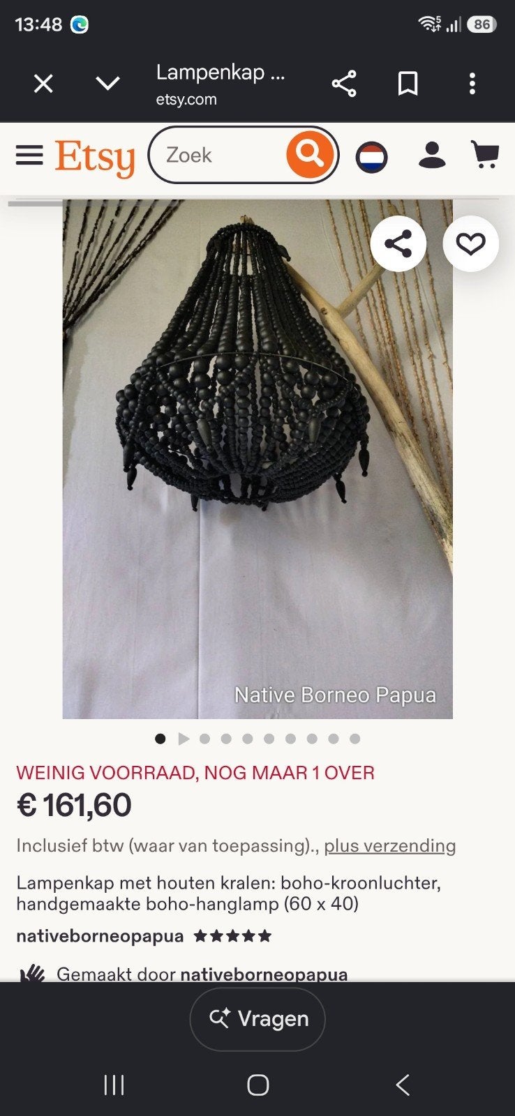 Mooie zwarte kralen lamp - Zo goed als nieuw, Huis en Inrichting, Ophalen, Zo goed als nieuw, Hout, Kroonluchter achtige lamp