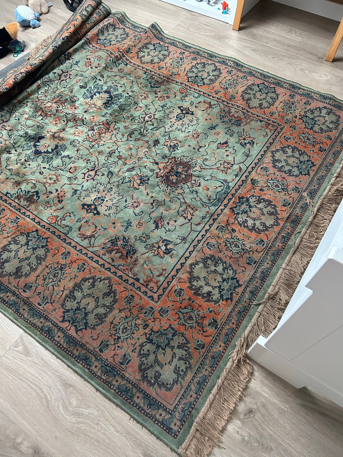 Vintage vloerkleed met oosters patroon, groen/oranje, Ophalen, Gebruikt, 100 tot 150 cm, 150 tot 200 cm