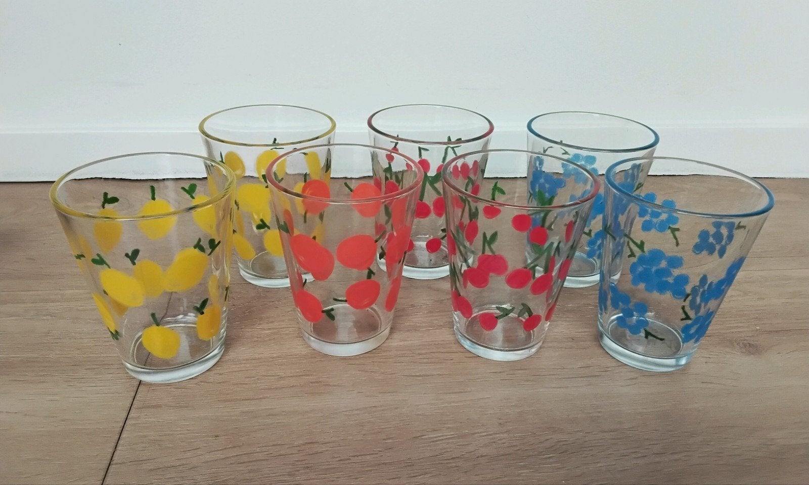 7 vintage sap glazen, fruit decor, Ophalen of Verzenden, Zo goed als nieuw, Frisdrankglas
