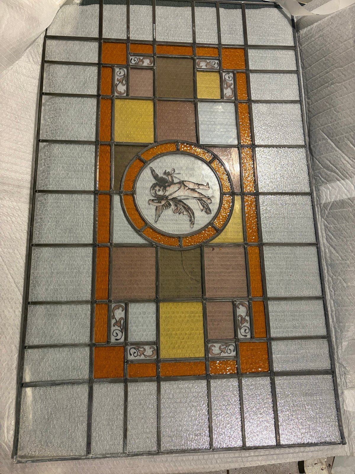3x vintage glas-in-lood paneel met engelmedaillon 126 / 76, Ophalen