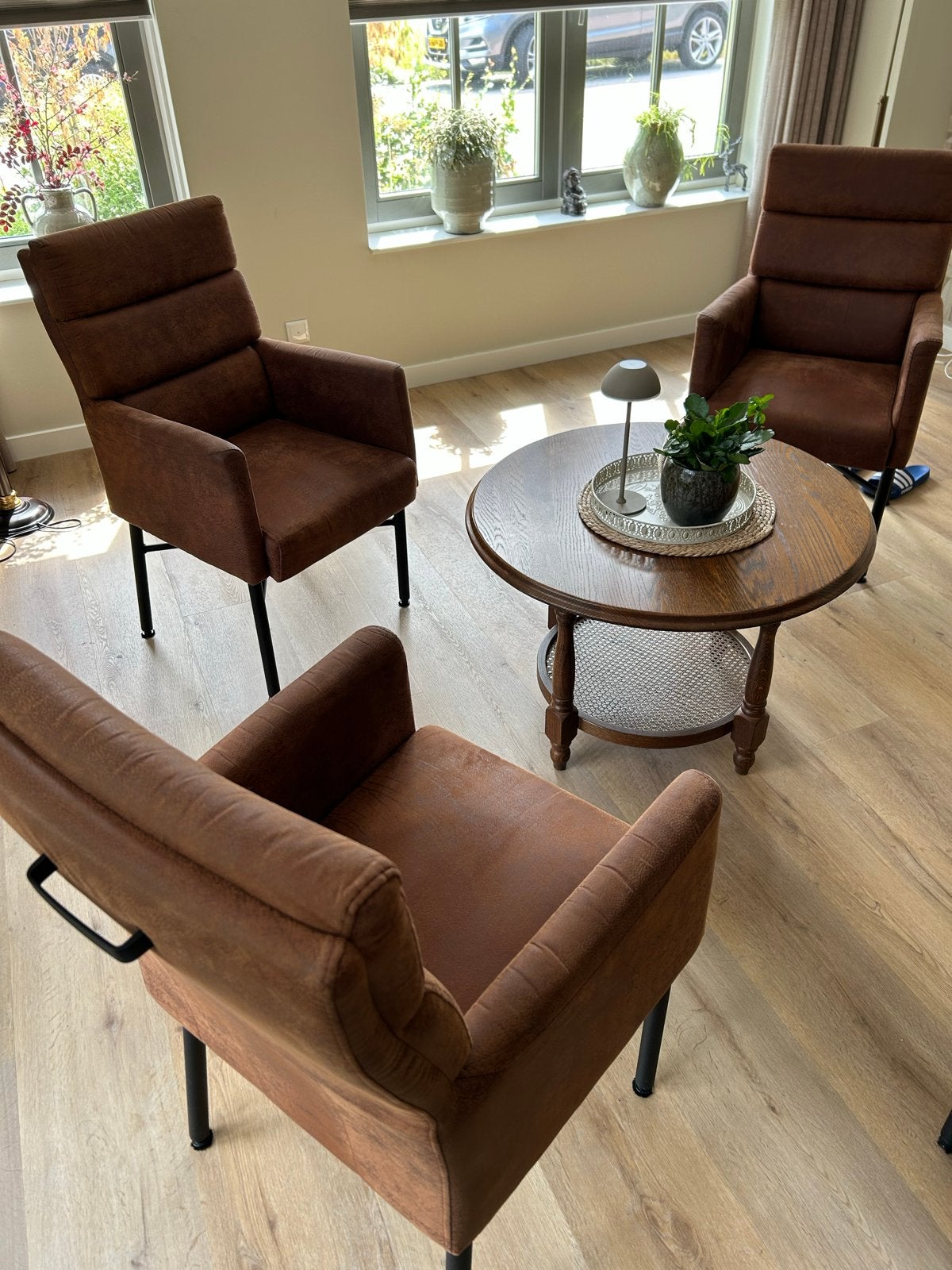 4 comfortabele bruine eettafelstoelen, Huis en Inrichting, Stoelen, Ophalen, Gebruikt, Bruin, Vier