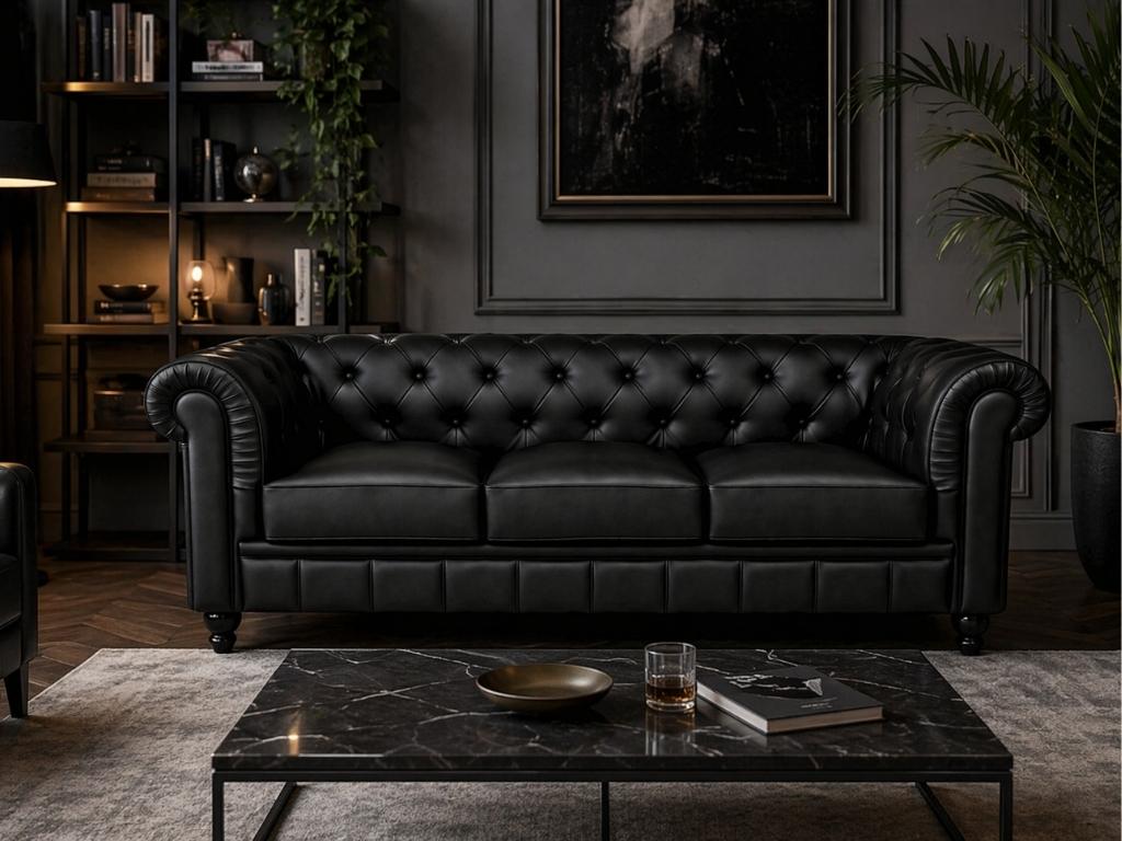 Chesterfield bank zwart - 3 zits - leer - Showroom model, Ophalen, Driepersoons, 75 tot 100 cm, Rechte bank