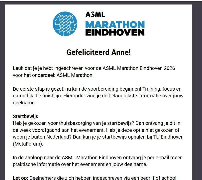 Startbewijs marathon Eindhoven, Overige merken, Overige typen, Nieuw, Ophalen of Verzenden