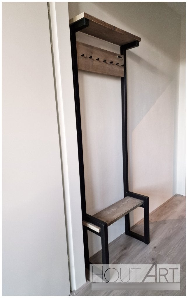 Gave en industriële kapstok met bankje, staal en steigerhout, Wandkapstok, Info@hout-art.nl, Ophalen of Verzenden, Zo goed als nieuw