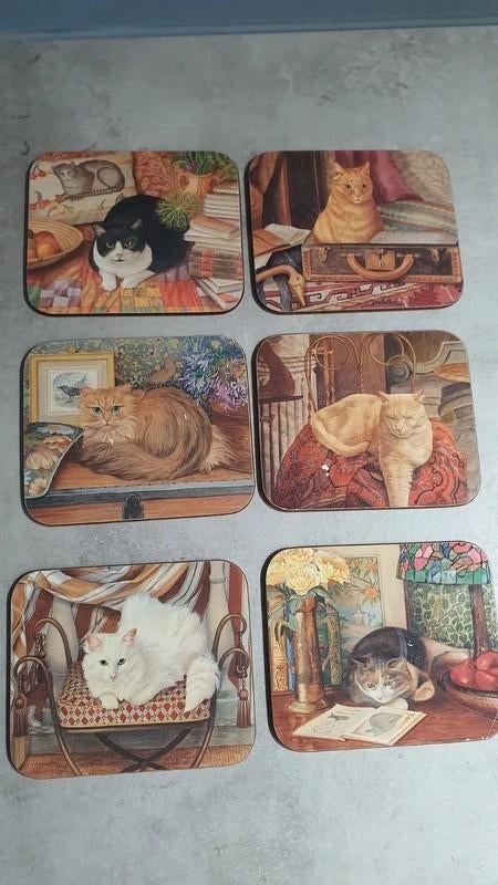 Vintage katten onderzetters set – 6 stuks (Jason), Ophalen of Verzenden, Glas of Kopje