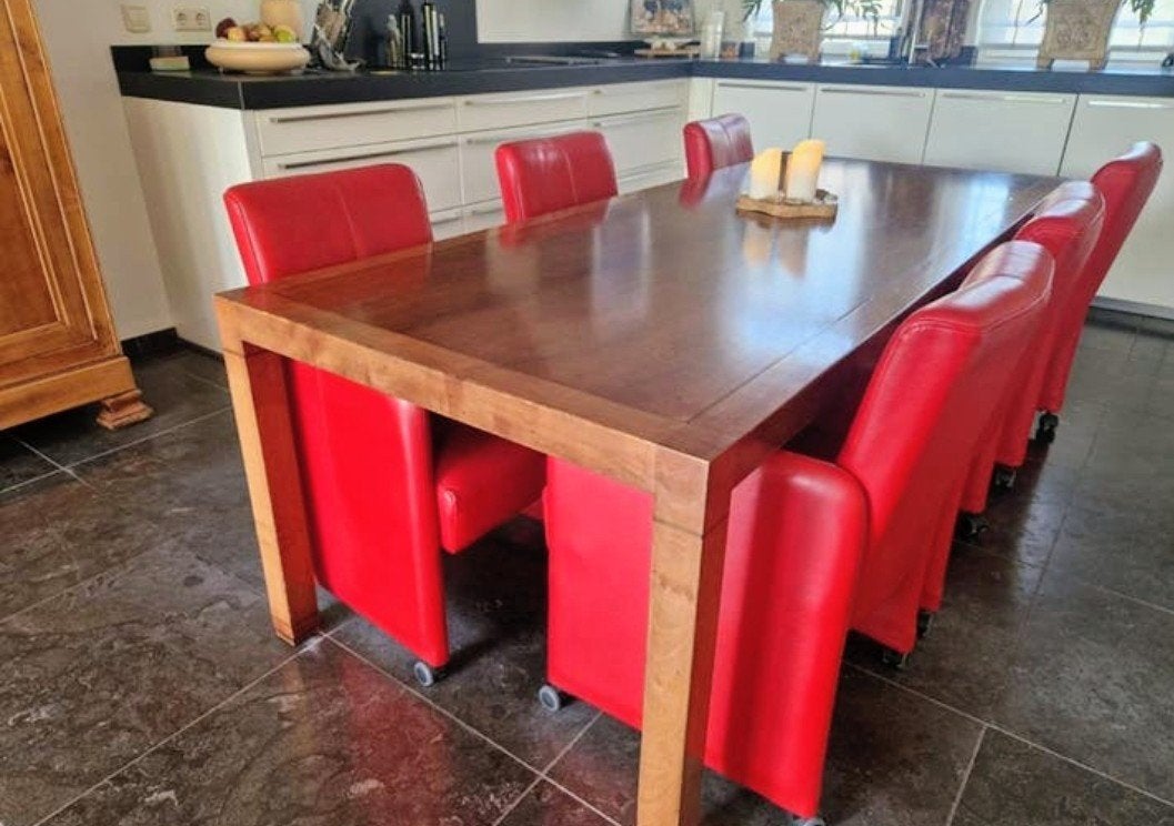 Mooi Kersenhouten eettafel met 6 leren, verrijdbare stoelen, Ophalen, 4 tot 6 stoelen