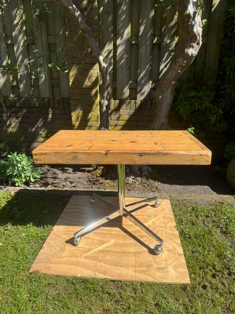 Vintage Salontafel Bijzettafel Houten Blad Chroom Wielen, Gebruikt, 75 cm of meer, Rechthoekig, Ophalen