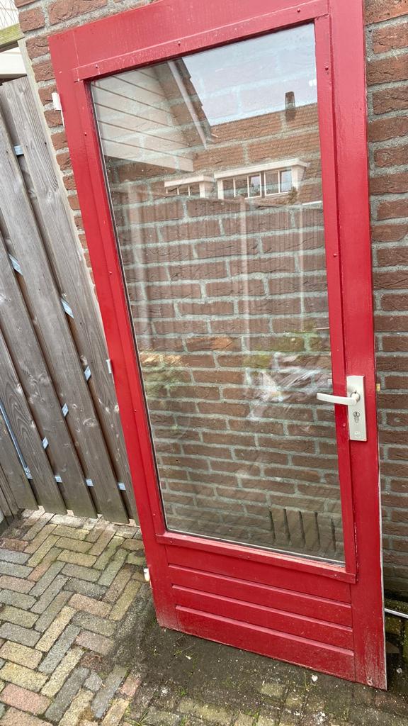 Achterdeur van hardhout met dubbelglas, Doe-het-zelf en Verbouw, Deuren en Horren, 80 tot 100 cm, Ophalen of Verzenden, 200 tot 215 cm