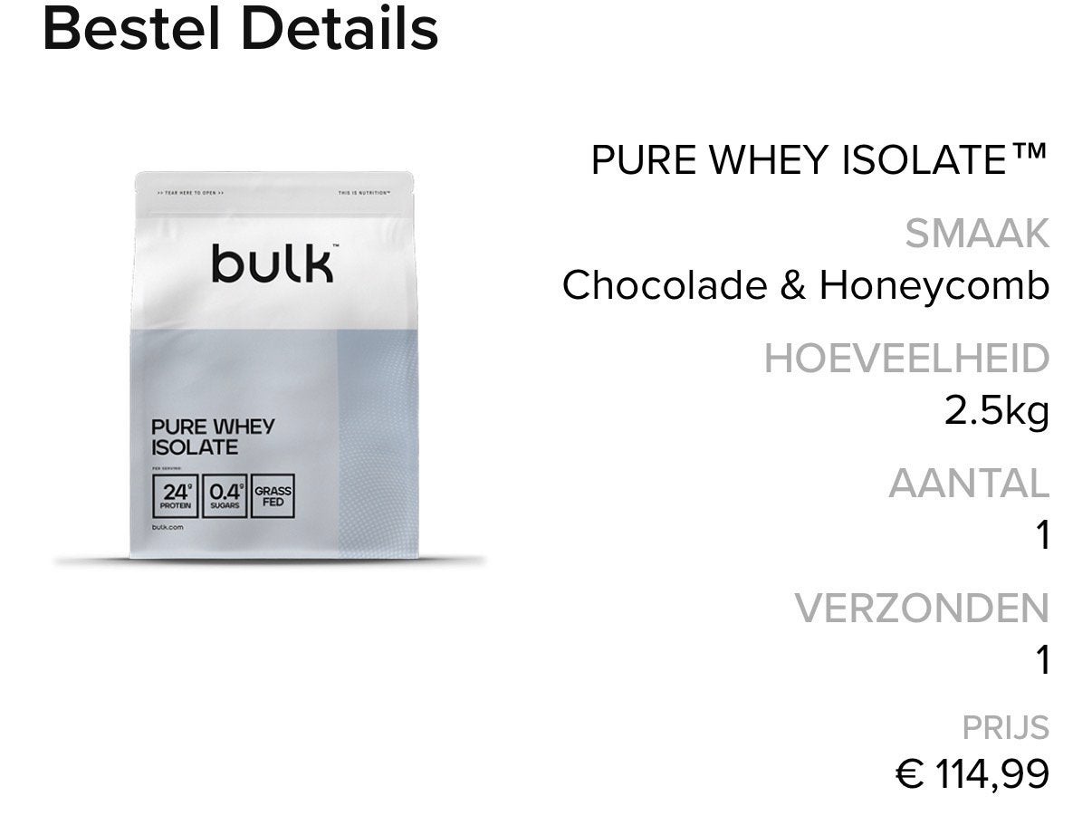 Bulk Pure Whey Isolate 2.5kg Chocolade Honeycomb, Sport en Fitness, Ophalen of Verzenden, Nieuw, Poeder of Drank