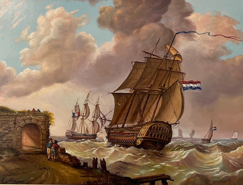 Schilderij zeeslag. Alfonso Moreno., Antiek en Kunst, Realistisch, Ophalen of Verzenden, Olieverf, Gesigneerd