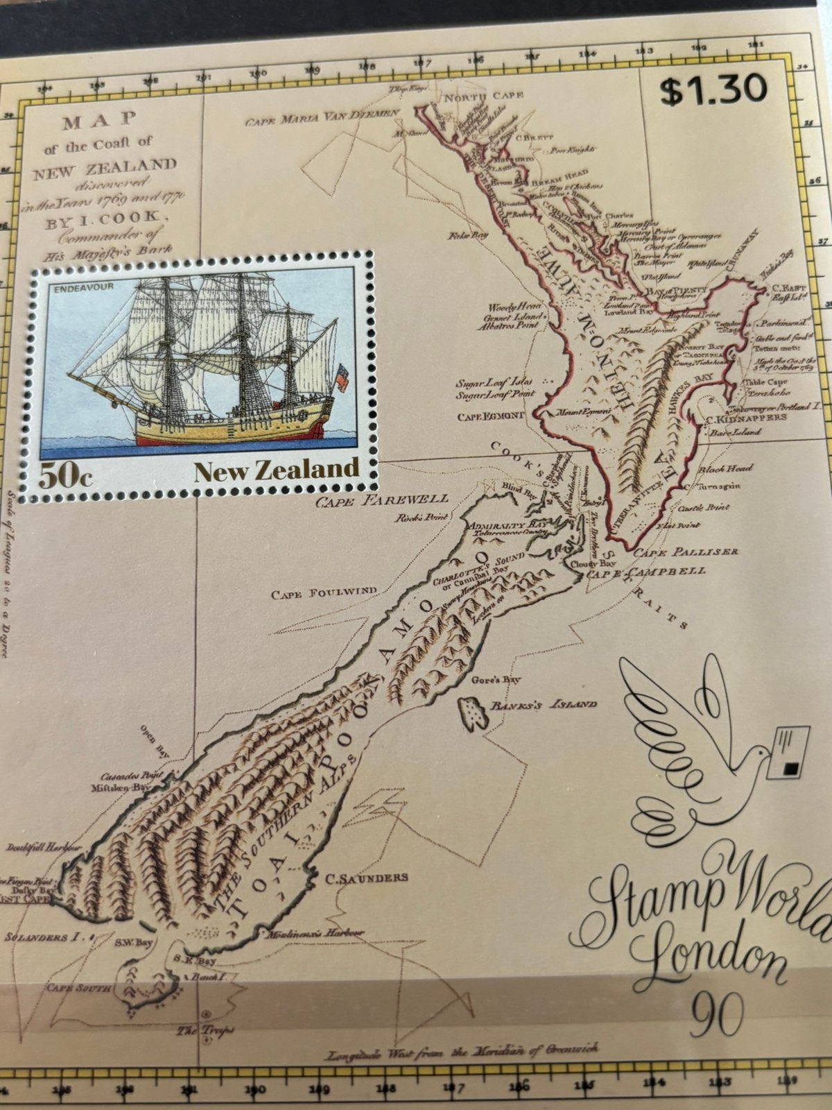 Schip, landkaart, Nieuw-Zeeland 1990, Ophalen of Verzenden, Postfris, Overige thema's