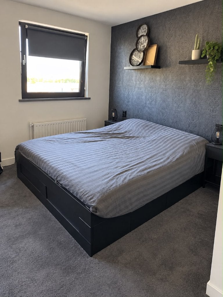 Ikea Brimnes bed 160 x 200 cm zwart + lattenbodem + matras, Ophalen, Zwart, Tweepersoons, Zo goed als nieuw