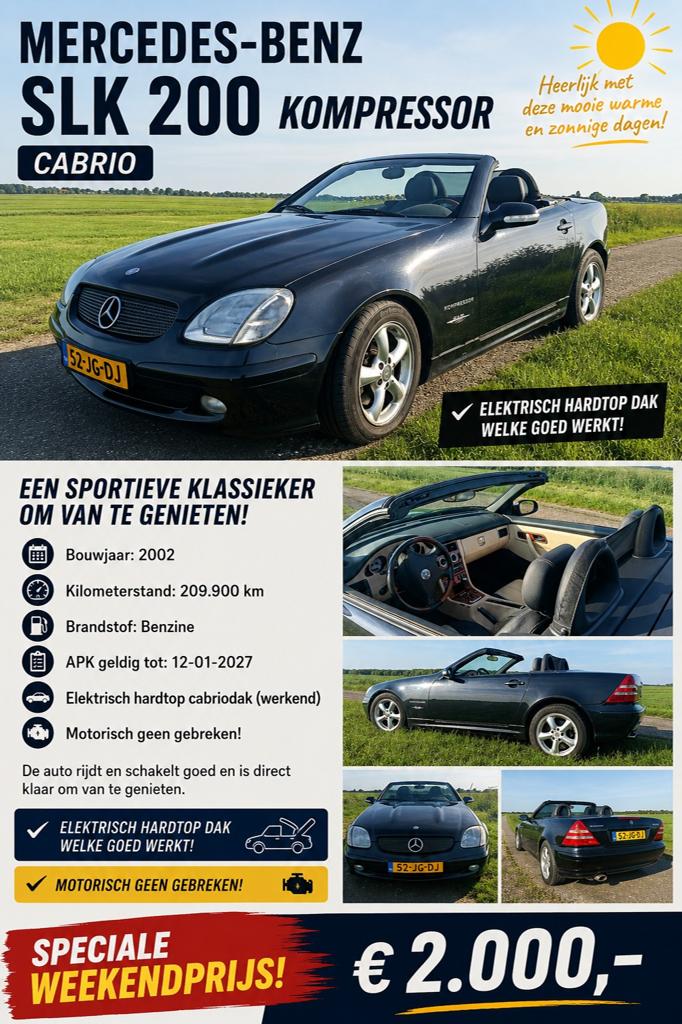 Mercedes-Benz SLK 2.0 Slk200 Kompr Roadster AUT 2002 Zwart, Automaat, 1998 cc, Achterwielaandrijving, 4 cilinders