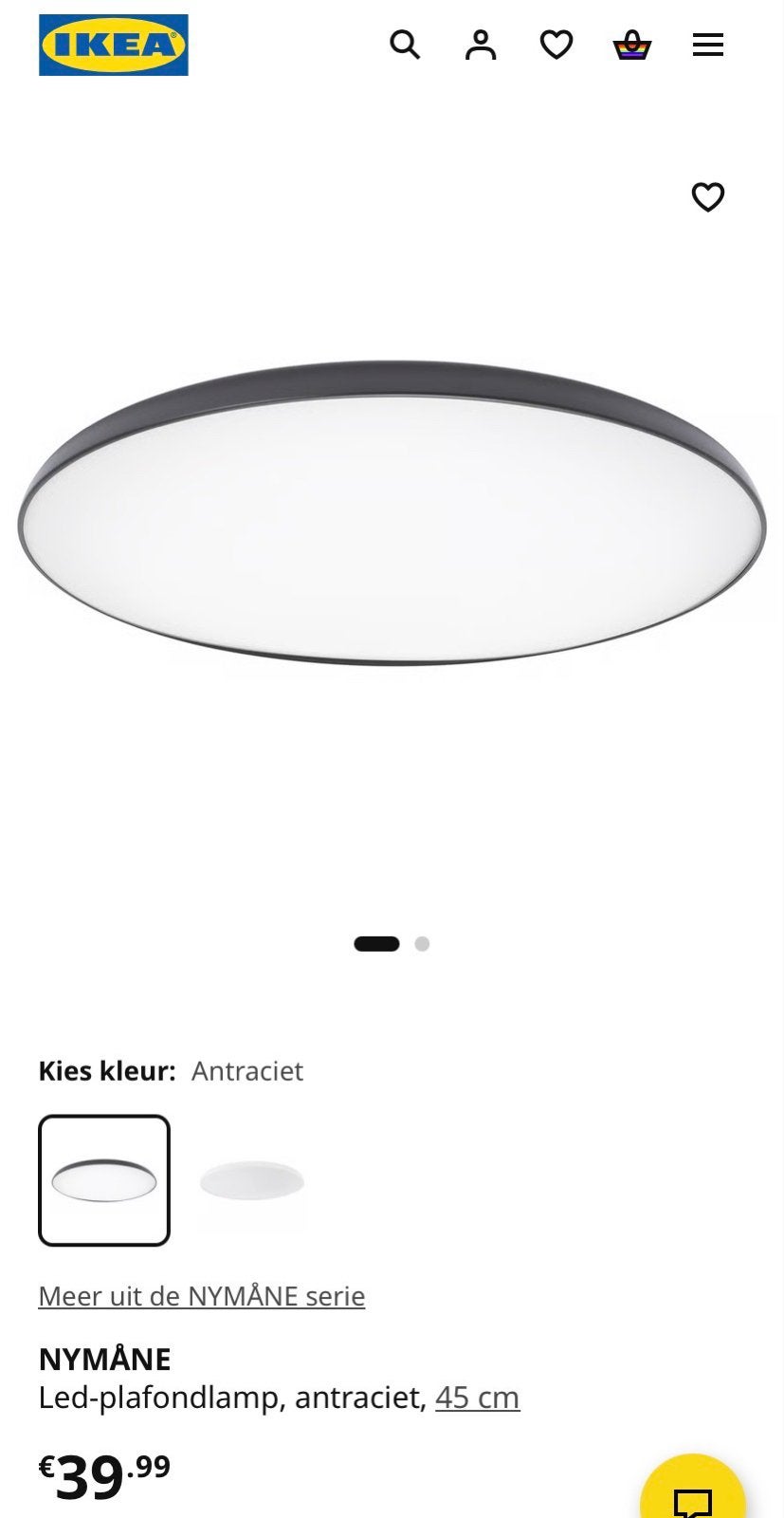 IKEA NYMÅNE LED-plafondlamp, antraciet, 45 cm, Ophalen, Modern, Zwart, Dimbaar