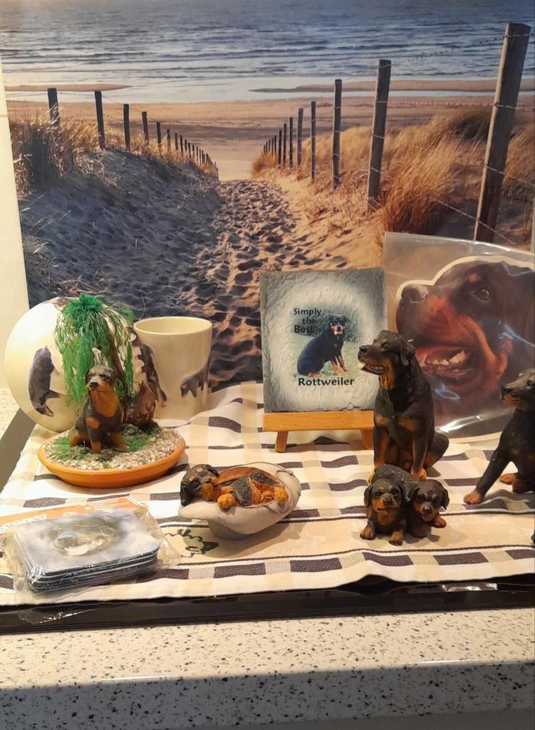 Rottweiler beeldjes en decoratie set, Verzamelen, Dierenverzamelingen, Gebruikt, Beeldje of Figuurtje, Hond of Kat, Ophalen