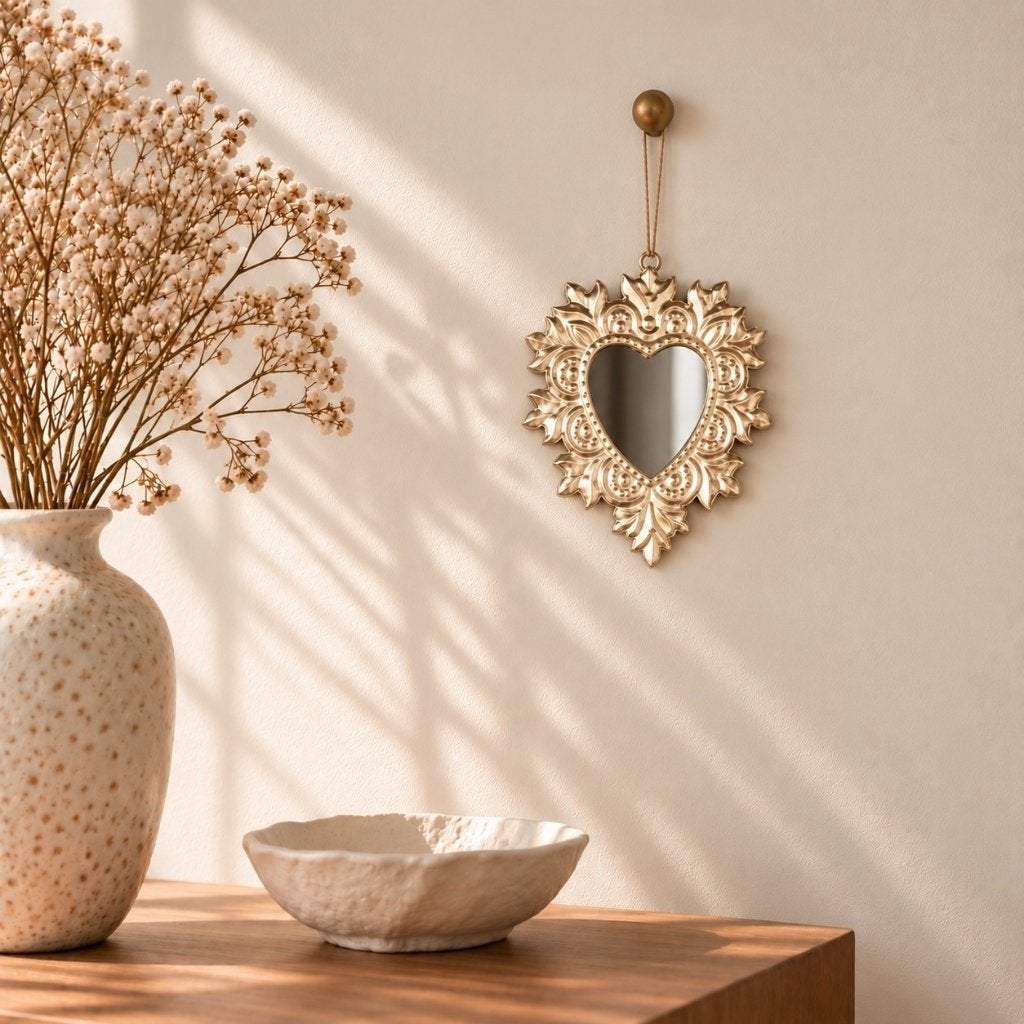 Goudkleurige hanger spiegel hart amore 13 x 15,5 cm, Minder dan 50 cm, -, -, Nieuw