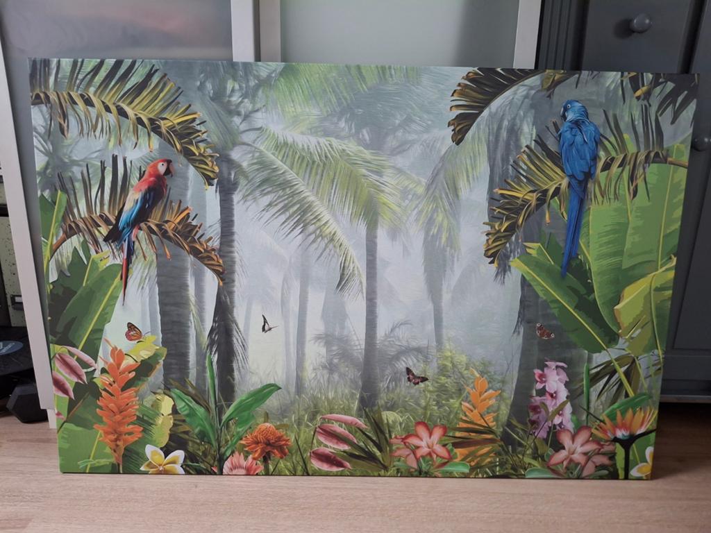Canvas jungle met papegaaien en vlinders van Ikea, Ophalen, 80 cm, Meerkleurig, Zo goed als nieuw