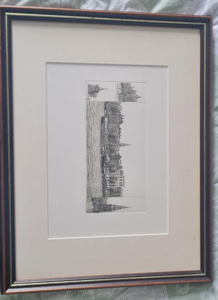 Wim van der Meij - Ets van Amsterdam (handgesigneerd), Antiek en Kunst, Stadsgezicht, 1950 - 1999, Ets, Ingelijst