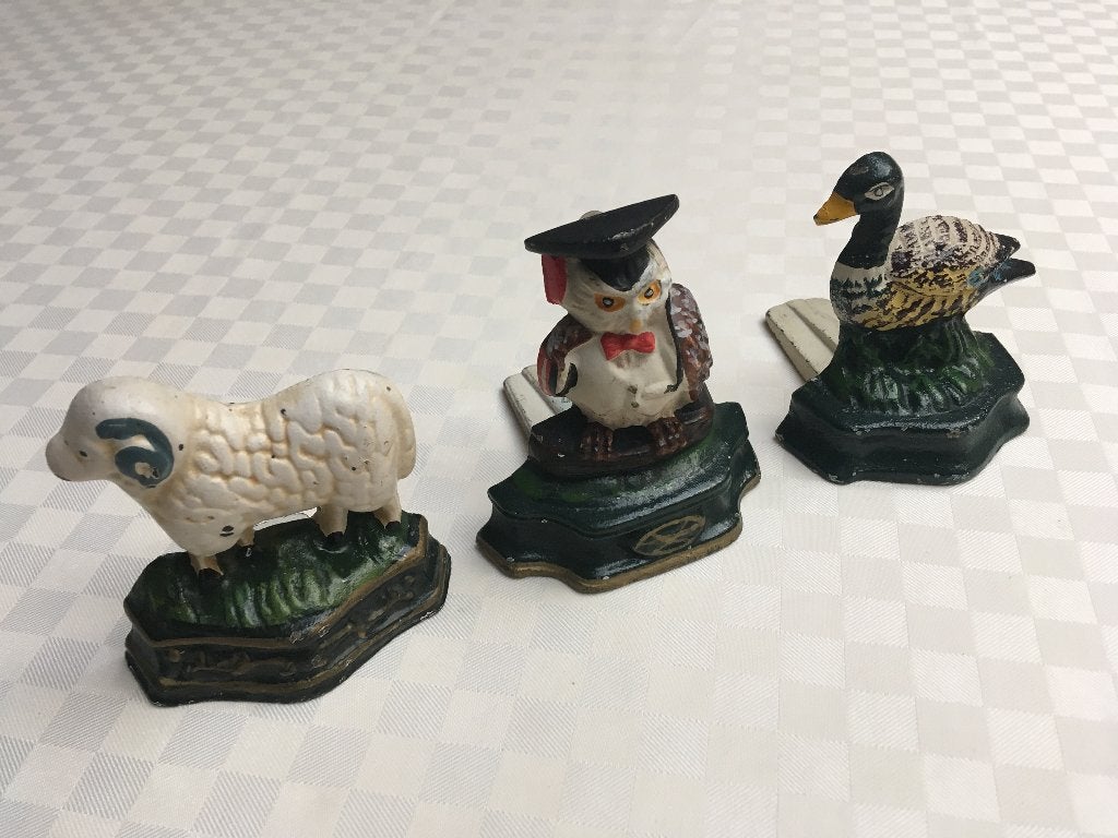 Vintage gietijzeren deurstoppers (schaap, uil en eend), Gebruikt, Ophalen of Verzenden, Meerkleurig, Metaal