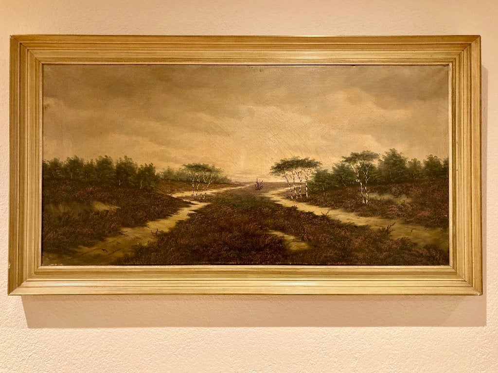Schilderij Heide landschap met berkenbomen J. Dobber, Ophalen, Doek, Realistisch, Origineel werk