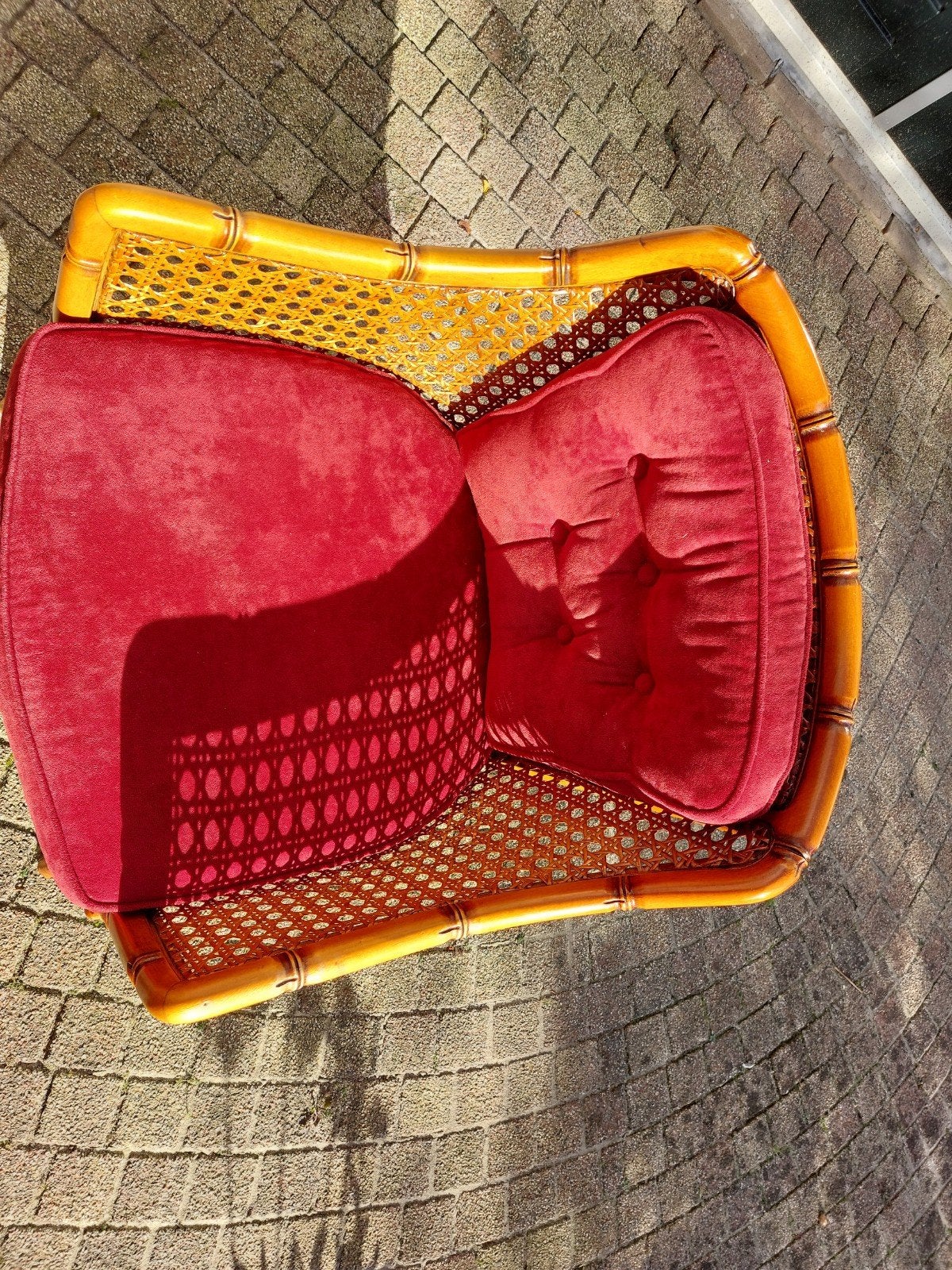 Vintage Bamboe Rotan Fauteuil met Rode Kussens, Ophalen