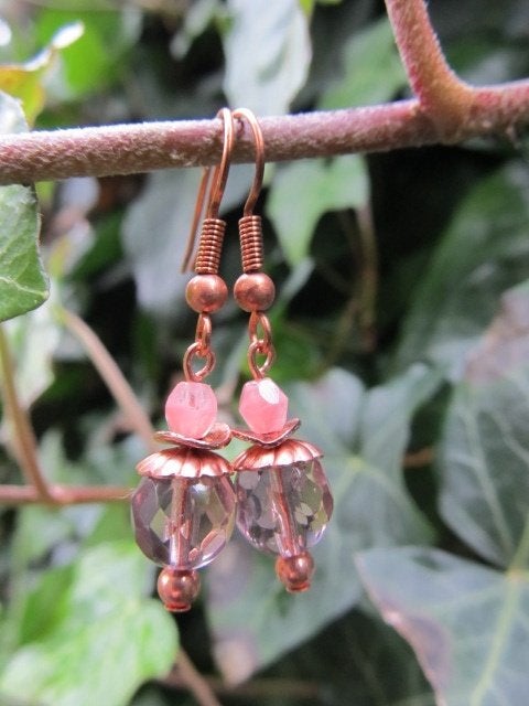 Oorbellen Copper Jantina glas facet koper, Hangers, Nieuw, Glas, Roze