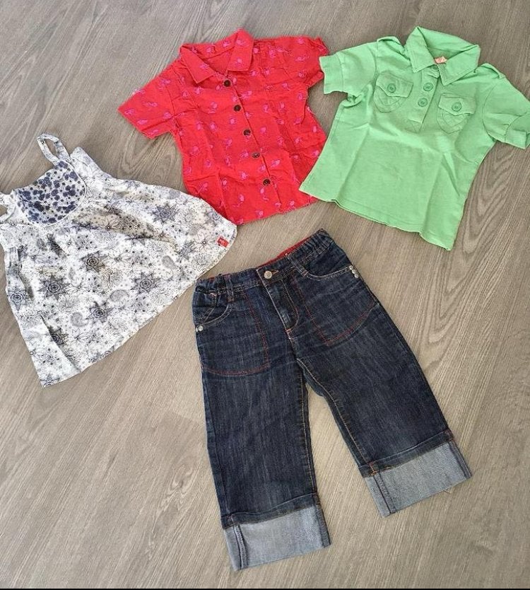 Zomer set: Capri jeans , polo , top en blouse , mt 128 134, Meisje, Zo goed als nieuw, Setje, Diverse merken