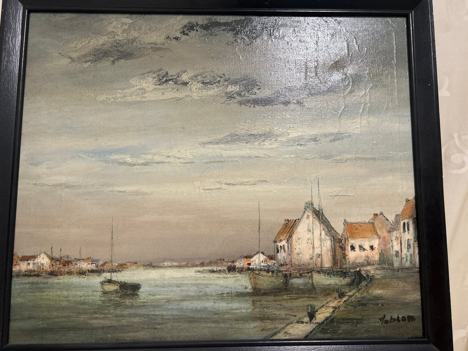 Olieverfschilderij havengezicht, Maritiem / water, Doek, Realistisch, Ophalen of Verzenden