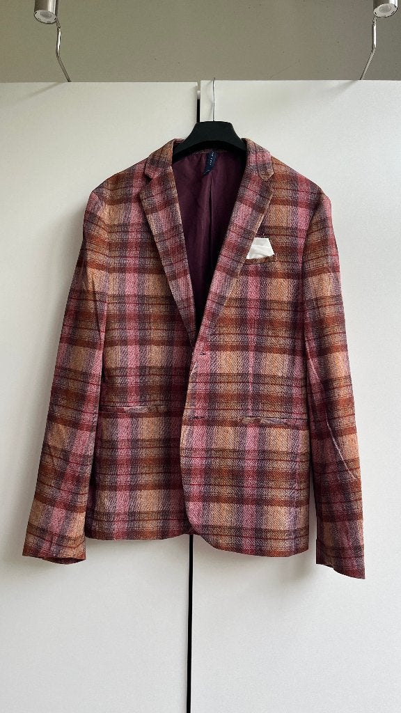 Zara Man Geruit Colbert Bordeaux Beige – Maat 52, Maat 52/54 (L), Overige kleuren, Ophalen of Verzenden, Zo goed als nieuw