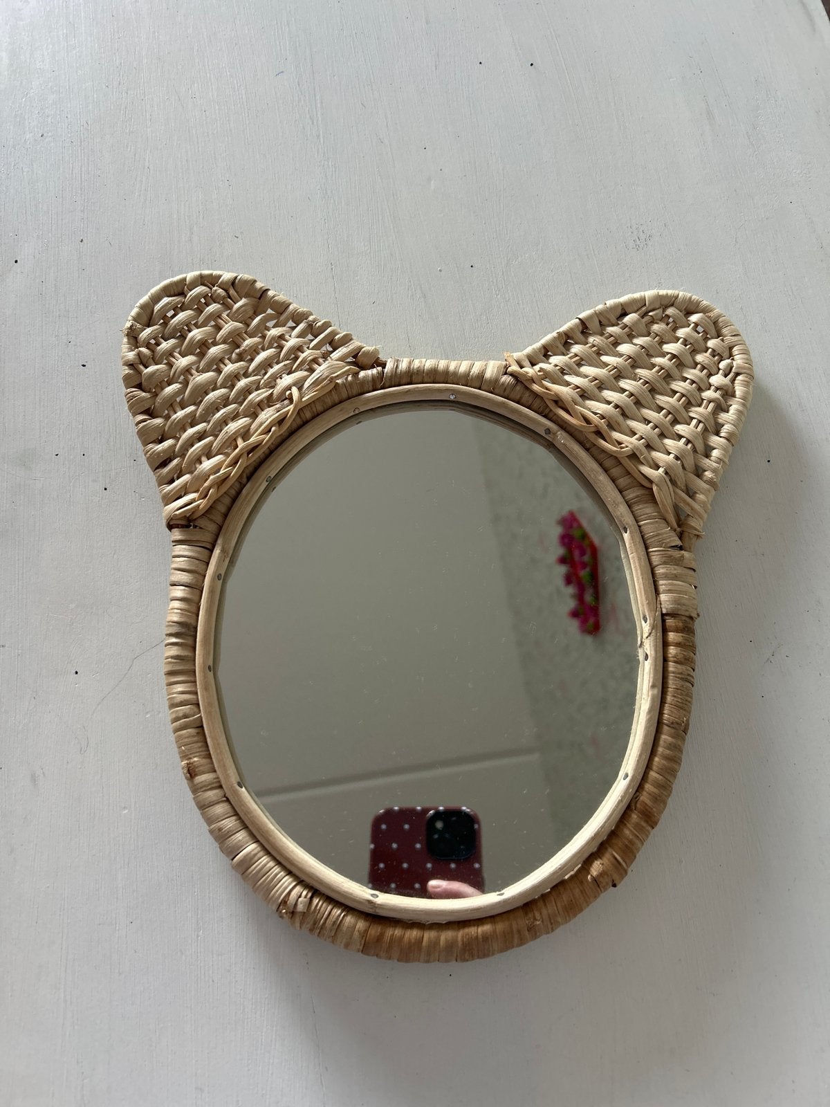 Leuke rotan spiegel met oortjes - Katten spiegel, Ophalen, Gebruikt